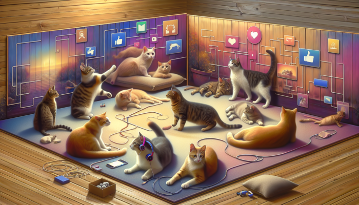 A lively digital illustration of cats in a warm online community with a 'Join Our Feline Community on Facebook' banner.