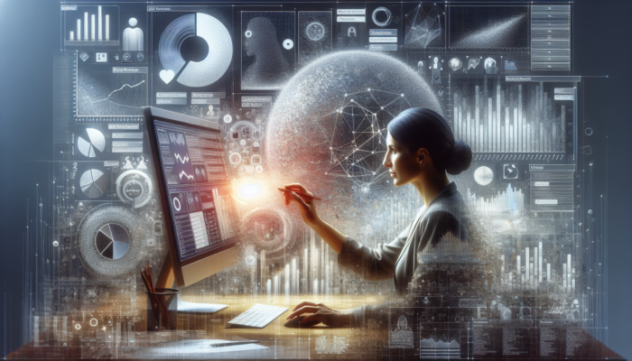 A business owner updating Google Business Categories on computer, surrounded by charts, feedback, and industry trends.