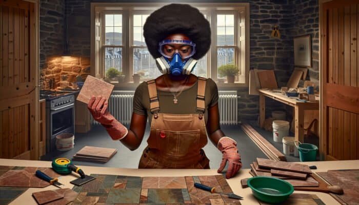 Homeowner in Edinburgh installing stone floor with gloves, goggles, and dust mask in a well-ventilated space.