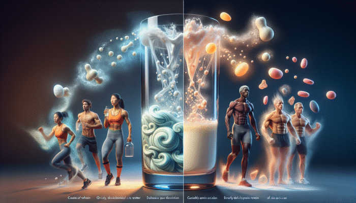 Image illustrating the rapid dissolution of whey protein and the gradual release of casein protein overnight, featuring symbols of athletes and recovery.