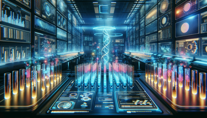 A futuristic laboratory featuring glowing test tubes and digital displays illustrating protein absorption data.