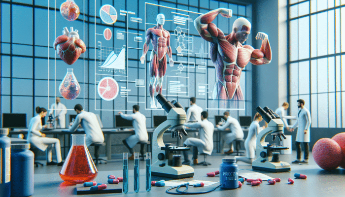 Researchers examining muscle tissue samples under microscopes, with charts and protein supplements in close proximity.