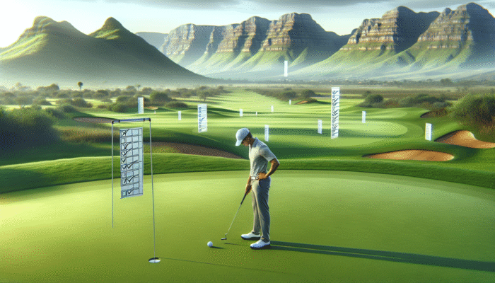 A South African golfer focused on a putt on a lush green course, with distant mountains and floating checklists symbolising small, achievable goals.