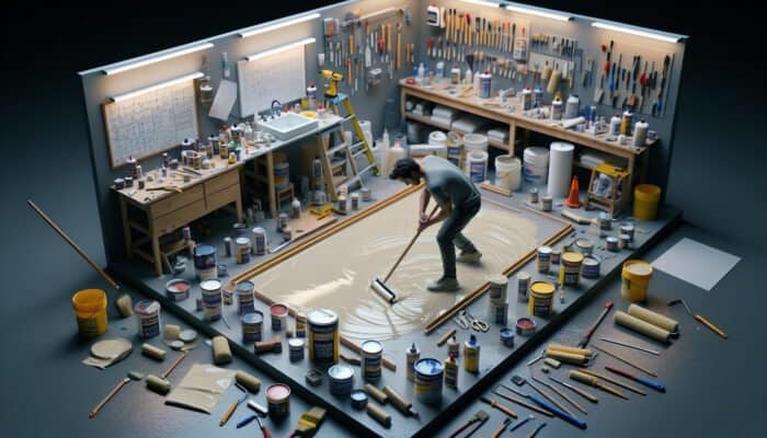 Individual applying waterproof sealant with tools and materials in an organised workspace.