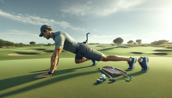 A golfer performing core workouts on a green course under a clear blue sky, enhancing performance.
