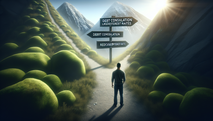 Understanding Debt Consolidation: A UK Guide | DCL A person standing at a crossroads between paths to 'Reduced Interest Rates' and 'Risks', symbolising the implications of debt consolidation.