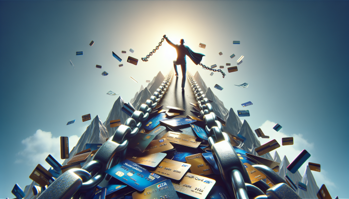 Understanding Debt Consolidation: A UK Guide | DCL A person breaking free from high-interest debt chains, atop credit cards, illustrating the path to debt consolidation and lower rates.
