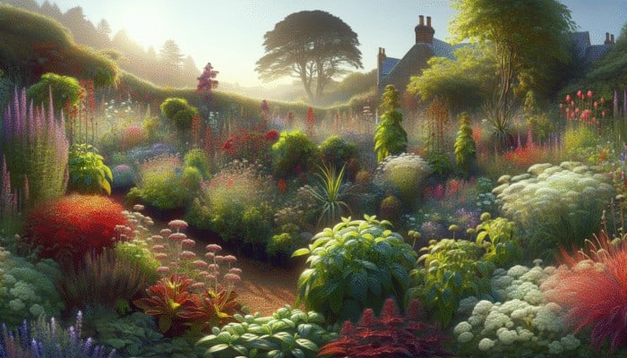 A UK herb garden illustrating herbs thriving or wilting under differing sunlight levels.