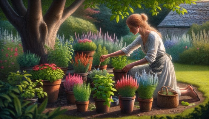 A gardener adjusting herb positions seasonally in the UK to optimise health and growth.