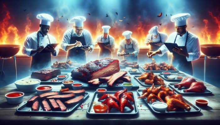 Judges assessing beef brisket, pork ribs, and marinated chicken in a BBQ competition.