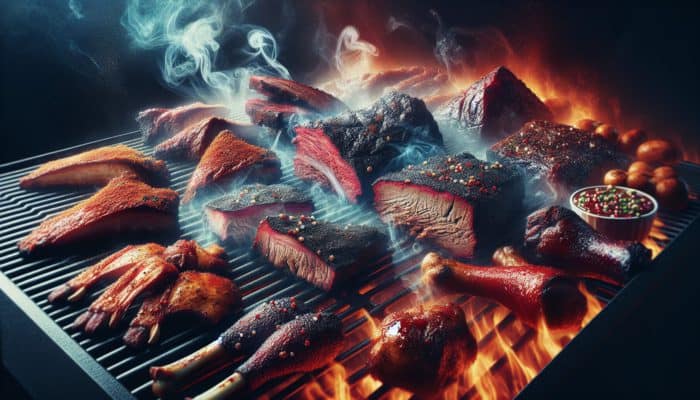 BBQ meats on the grill, coated with flavourful rubs and marinades, surrounded by swirling smoke.