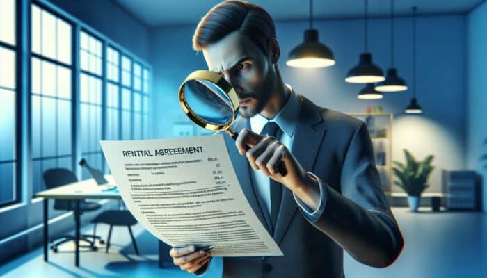 Individual using magnifying glass to scrutinise rental agreement, focusing on insurance and fees with concern.