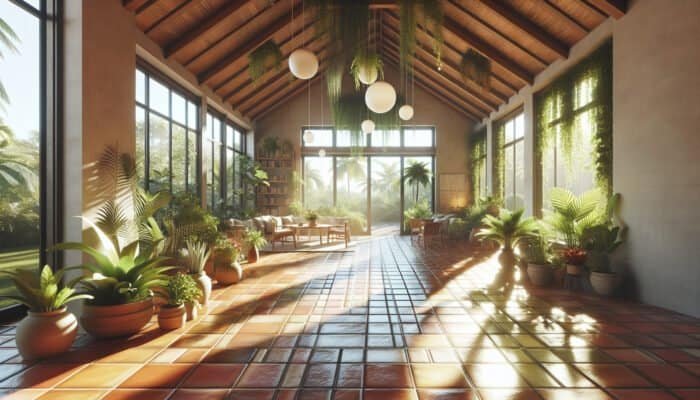 Sparkling terracotta tiles cleaned with eco-friendly solutions, surrounded by lush indoor plants, bathed in sunlight.