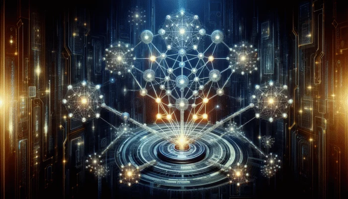 AI technology analysing radiant nodes that signify premium backlink sources, enhancing SEO on a futuristic digital backdrop.
