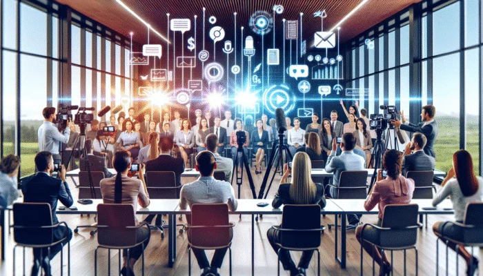 A diverse group of clients providing glowing testimonials in a modern office environment with digital recording equipment.