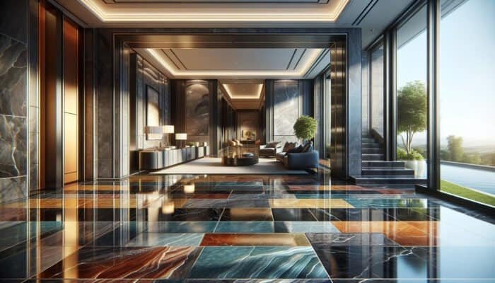 Elegant interior showcasing glossy polished slate floors in a variety of colours, enhancing a sophisticated home in Barnes Cray.