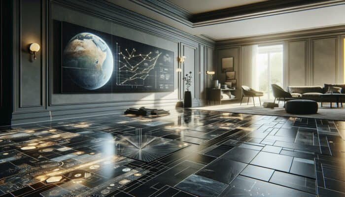 Installation of polished slate flooring in a modern living room, showcasing the reflective surface and tile laying procedure.