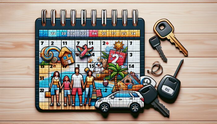 A calendar displaying holiday dates and discount symbols, surrounded by car keys, travel brochures, and a family planning a vacation.