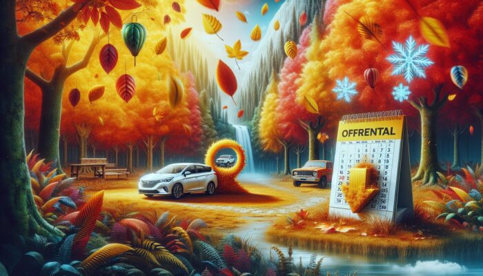 A peaceful autumn landscape featuring a car rental office, colourful falling leaves, and a calendar illustrating off-peak seasons.