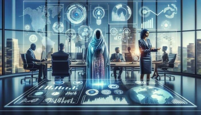 Futuristic dashboard showing graphs and analytics, team analysing customer data in modern office.