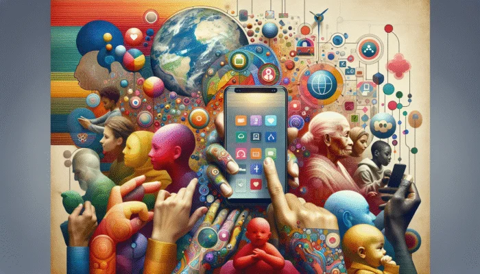 A vibrant mobile interface featuring large text and intuitive navigation, utilised by diverse global users.