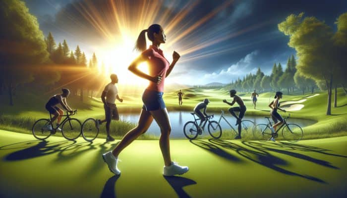 A golfer jogging on a green course at sunrise, with cyclists and swimmers in the background, demonstrating endurance training.
