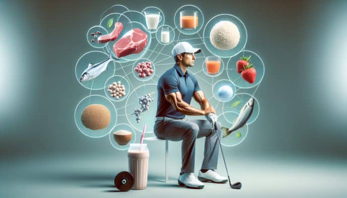 Golfer enjoying a protein shake post-round, surrounded by various protein sources for muscle repair.