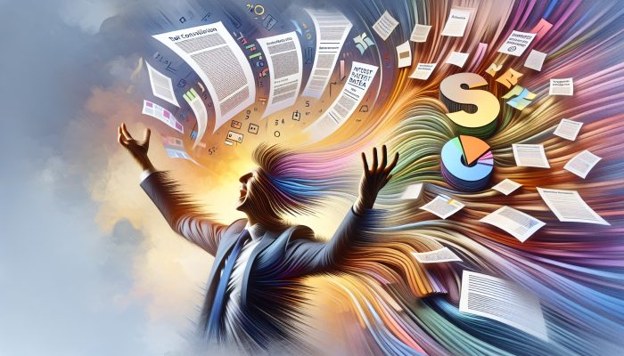 Critical Questions to Consider Before Consolidating Your Debt: Key Queries | DCL An individual radiating relief and joy amidst symbols of debt consolidation: combined documents, lowered interest rates, and a journey towards financial freedom.