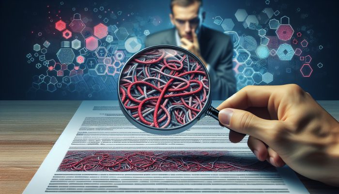 Critical Questions to Consider Before Consolidating Your Debt: Key Queries | DCL A magnifying glass scrutinising a loan document with hidden fees highlighted in red, a concerned individual reviewing charts.