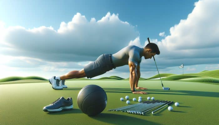 Best Golf Workouts for Consistency: A golfer engaging in a plank on a golf course with a medicine ball, under a clear sky.