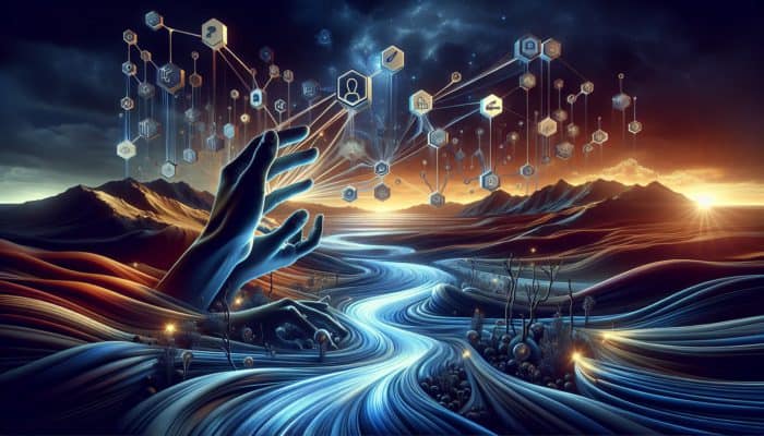 Hands reaching for luminous streams of light representing link equity in a digital setting.