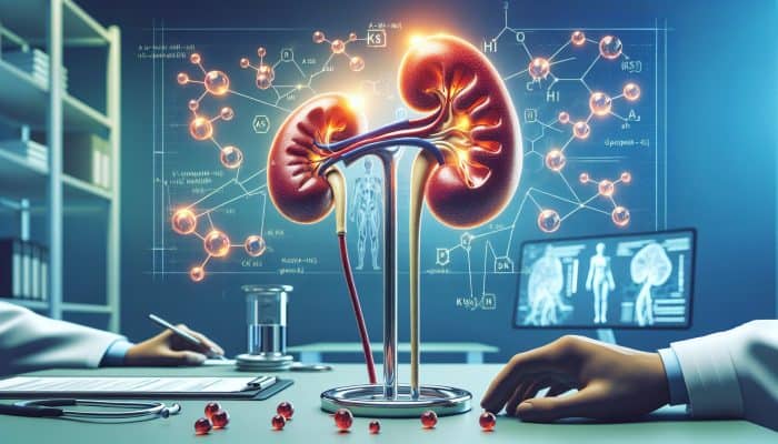 Illustration depicting kidney filtering creatinine, Sheffield clinic backdrop, charts presenting creatinine levels by age, gender, and muscle mass.
