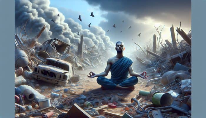 A calm individual meditating amidst a chaotic, post-apocalyptic landscape, using deep breathing to achieve mental stability.