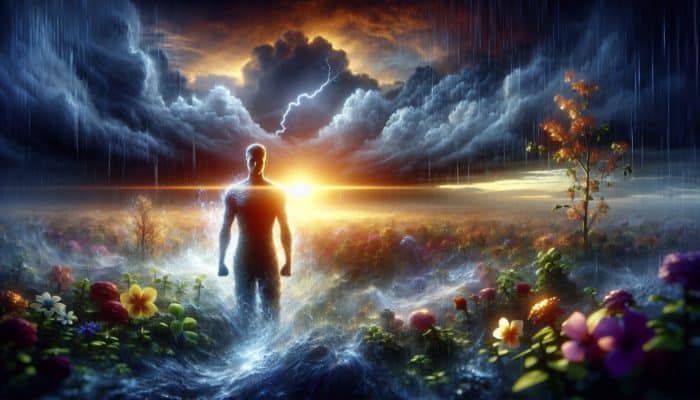 An individual standing firm in a storm, surrounded by symbols of growth, embodying optimism and adaptability.