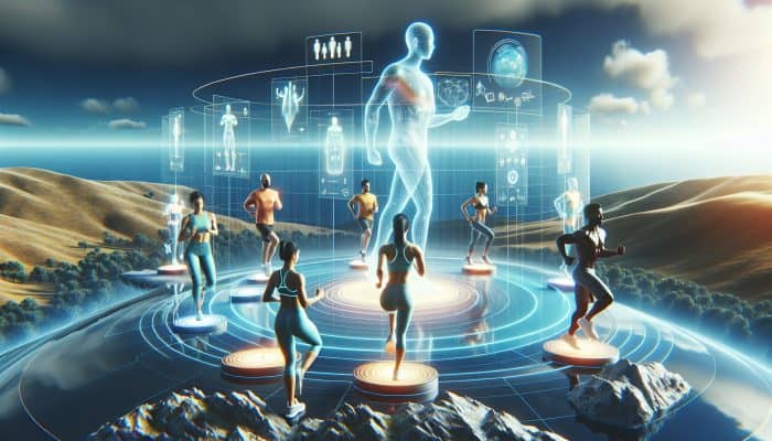 A holographic coach guiding a diverse group through personalised fitness routines in a serene digital landscape.