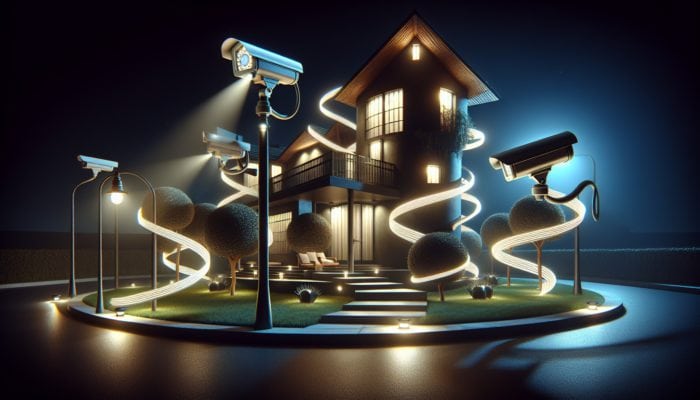 Motion-sensor lights and surveillance cameras enhancing security at a prepper home at night.