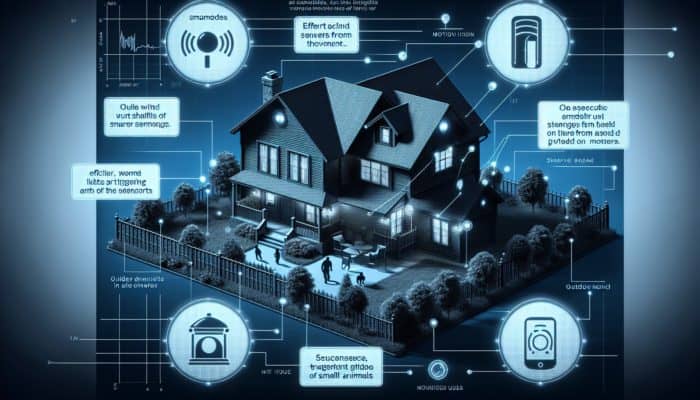 Prepper home with motion sensors and alarms indoors and outdoors, lights triggered by outdoor sensors, system tuned to detect human movement.