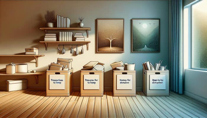 Advanced Organisation Hacks for Clearance: A serene room with minimalist decor and three labelled boxes: 'Keep', 'Donate', 'Discard', symbolising decluttering.