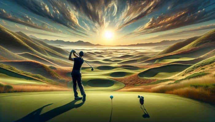 Golfer at Fancourt, South Africa, demonstrating a wide stance on undulating fairways to ensure stability and control.