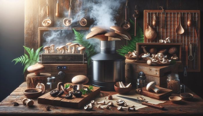 A variety of mushrooms including shiitake, portobello, and oyster being smoked in a rustic kitchen environment.
