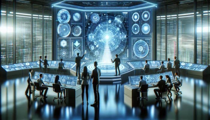 A futuristic digital interface with graphs and data, AI experts optimising search algorithms holographically.