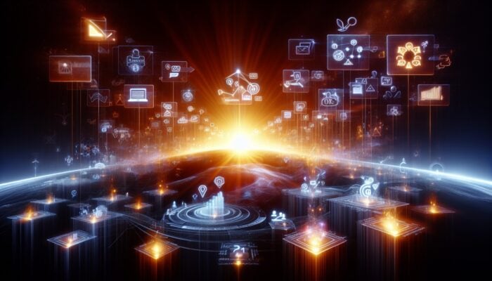 E-commerce website icons, SEO graphs, and glowing customer testimonials rising, symbolising improved SEO performance.
