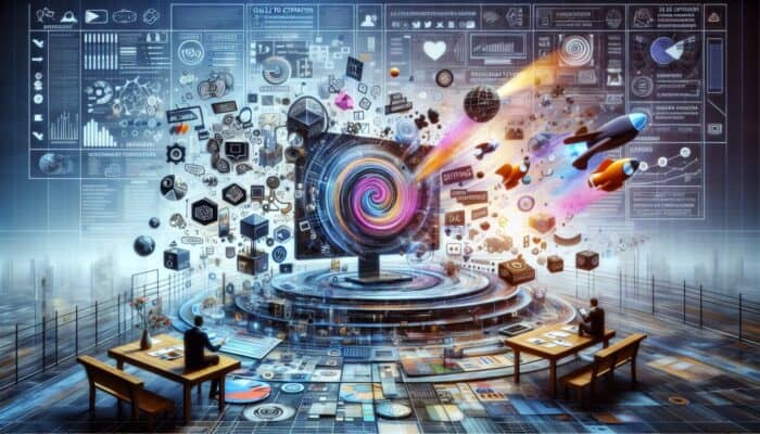 A vibrant digital screen displaying an SEO-optimised customer story with keywords, headlines, and multimedia.