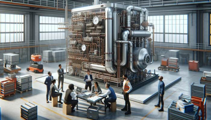 Schematic of a modern boiler system with engineers discussing service strategies in Chilliwack.