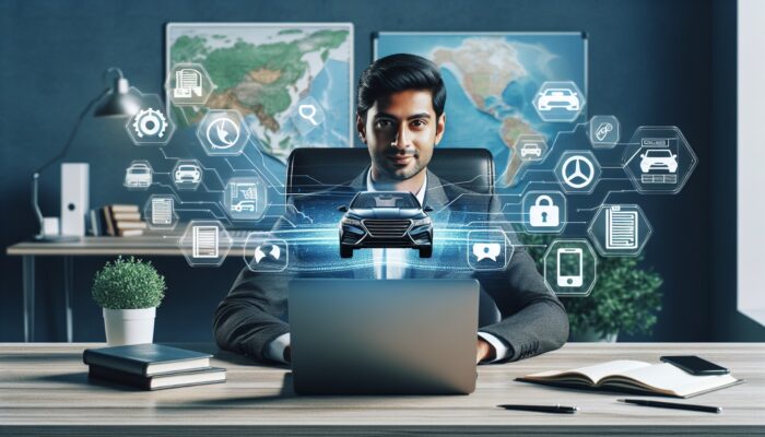 Individual booking car rental online at a desk with a laptop, surrounded by travel guides and world map.
