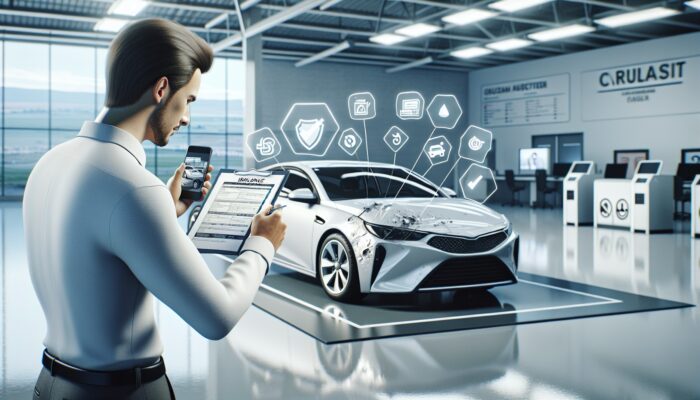 Individual inspecting rental car, photographing damages, with insurance documents and checklist at modern facility.