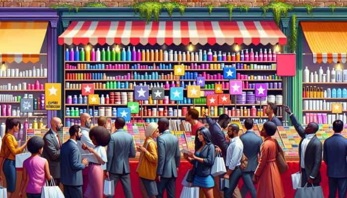 A vibrant UK marketplace stall featuring affordable hair products, expert recommendations, and diverse customers browsing.