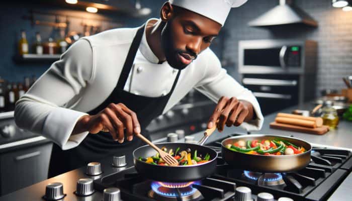 Chef adjusting stove knobs, sautéing vegetables and simmering sauce, demonstrating temperature control in the kitchen.