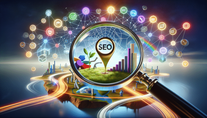 Best SEO Agency in Yeovil, Somerset: A magnifying glass focusing on "SEO" and "ESSENTIAL" among icons symbolising business growth and search rankings.