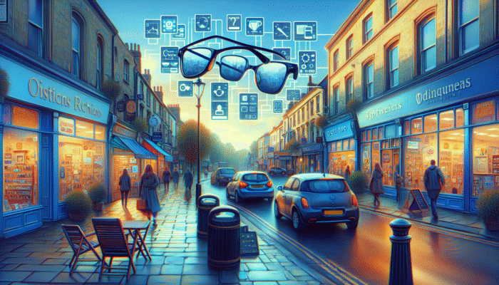 A vibrant Yeovil street bustling with diverse businesses, showcasing SEO-optimised signage and digital displays for local services.